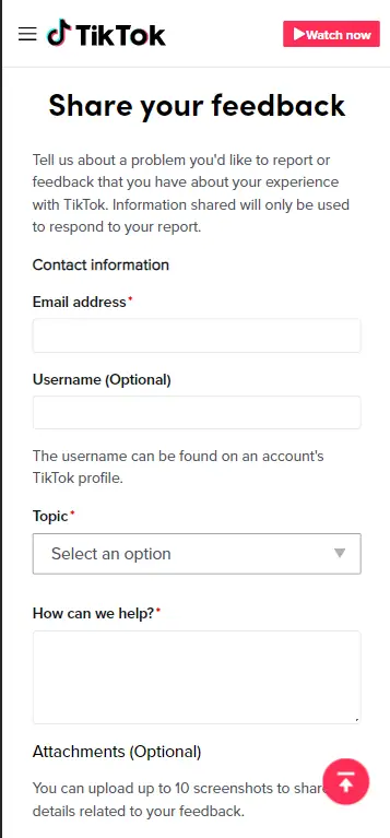screenshot of share your feedback form TikTok