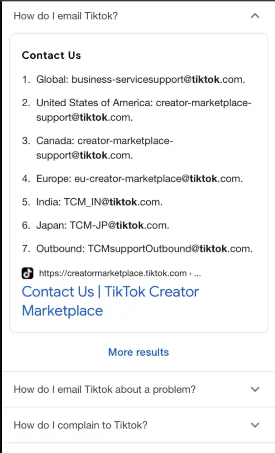 emails of TikTok screenshot