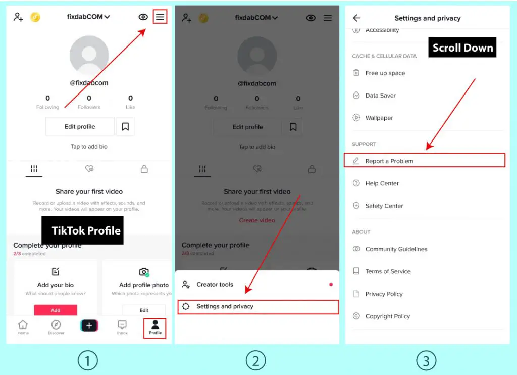 Tiktok report a problem with screenshots steps